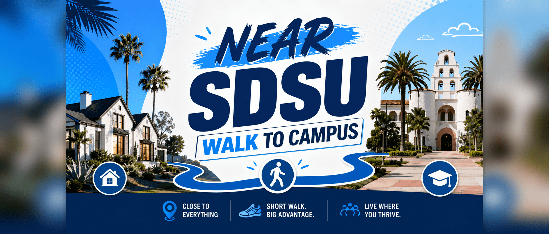 Blue SDSU walk-to-campus graphic with home and campus imagery